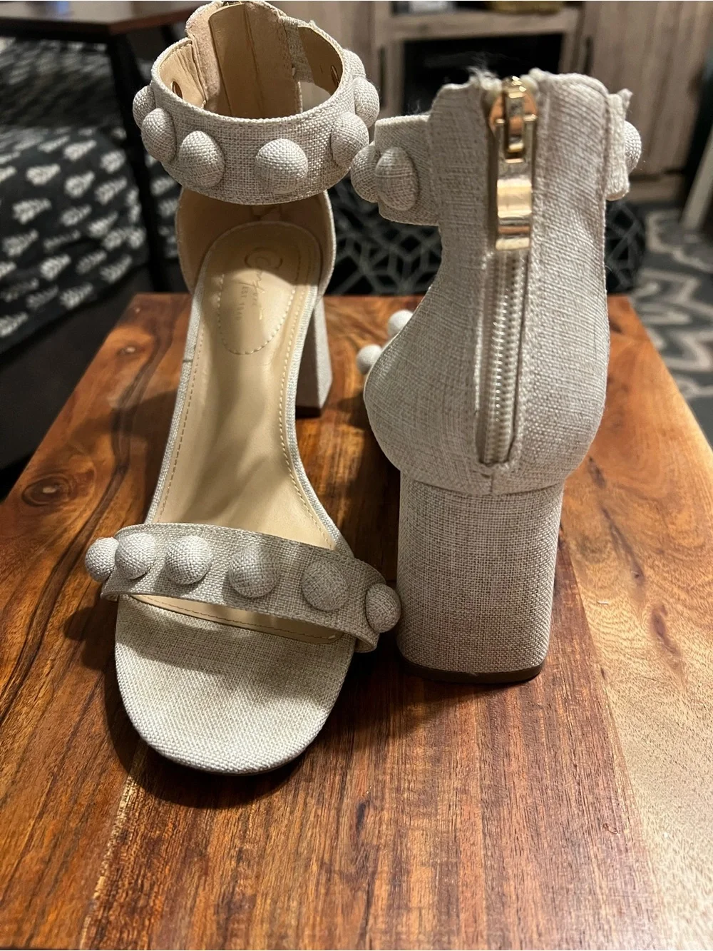 Cato Comfort Linen Pom Pom Block Heel Sandals Women’s 8W Wide